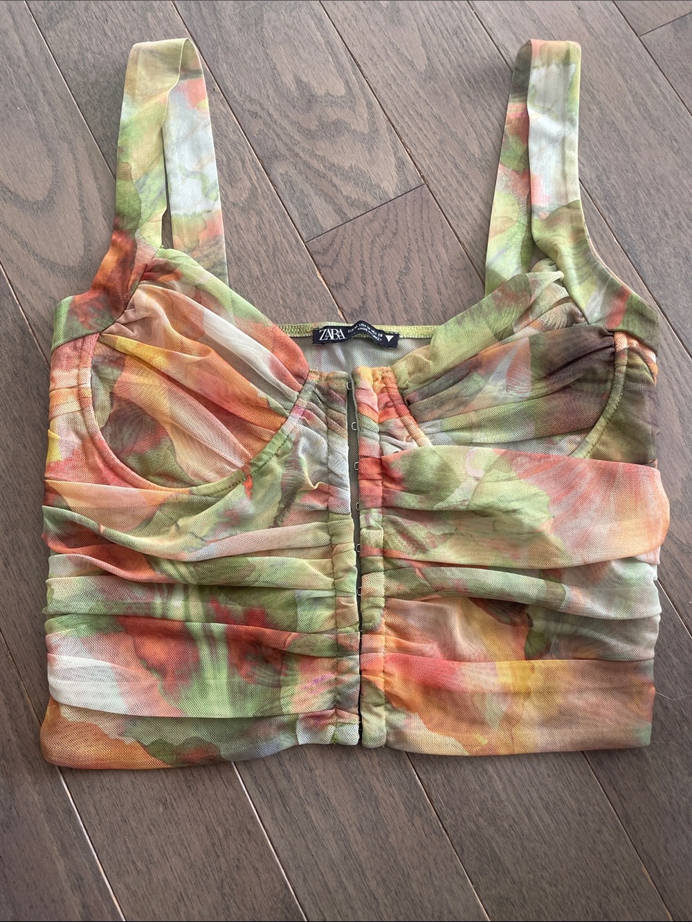 Zara Mesh Crop Top Watercolor Wash Ruched Eye Hook Front Medium